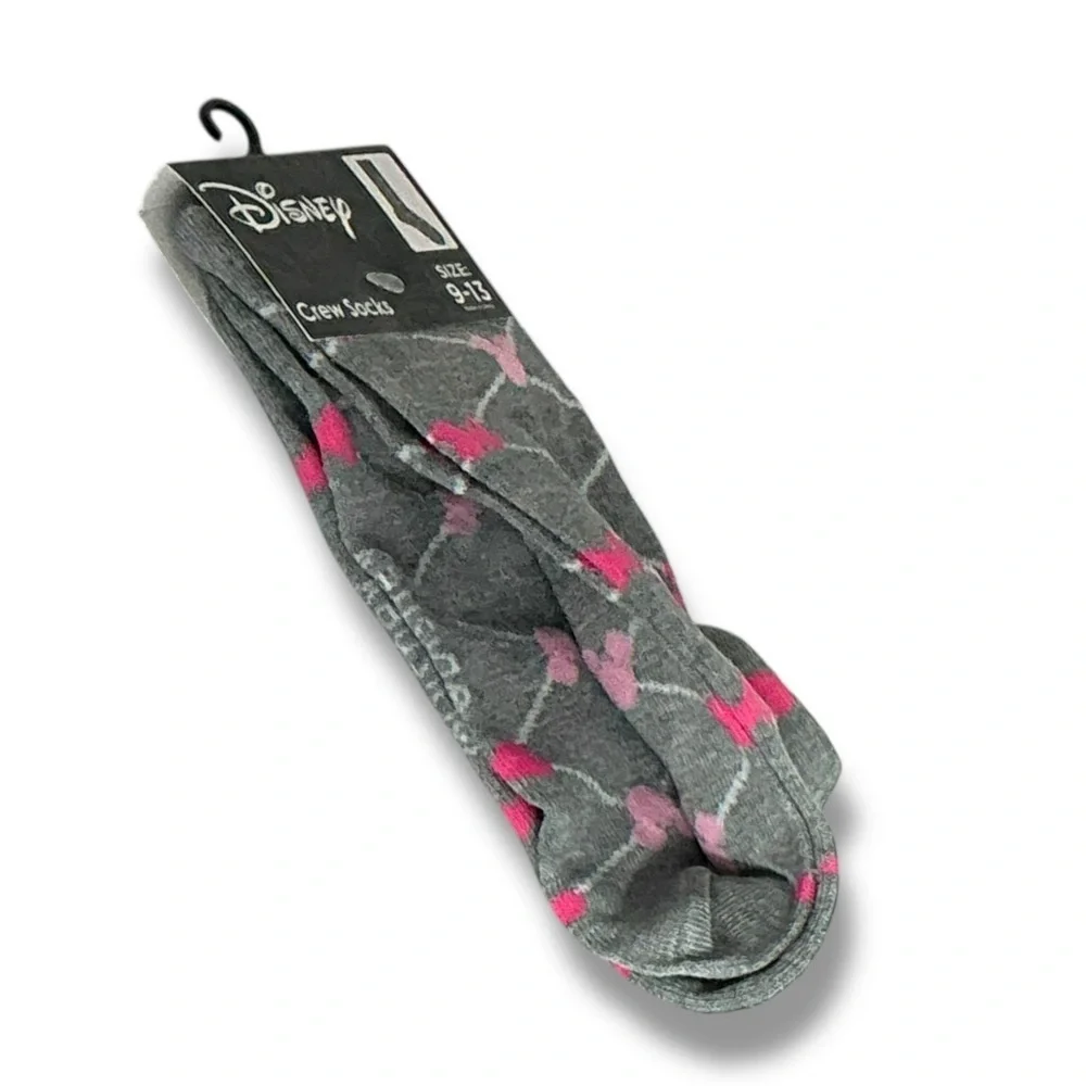 Disney Minnie Mouse Crew Socks Novelty Casual Pink Gray Adult 9-13 One Size